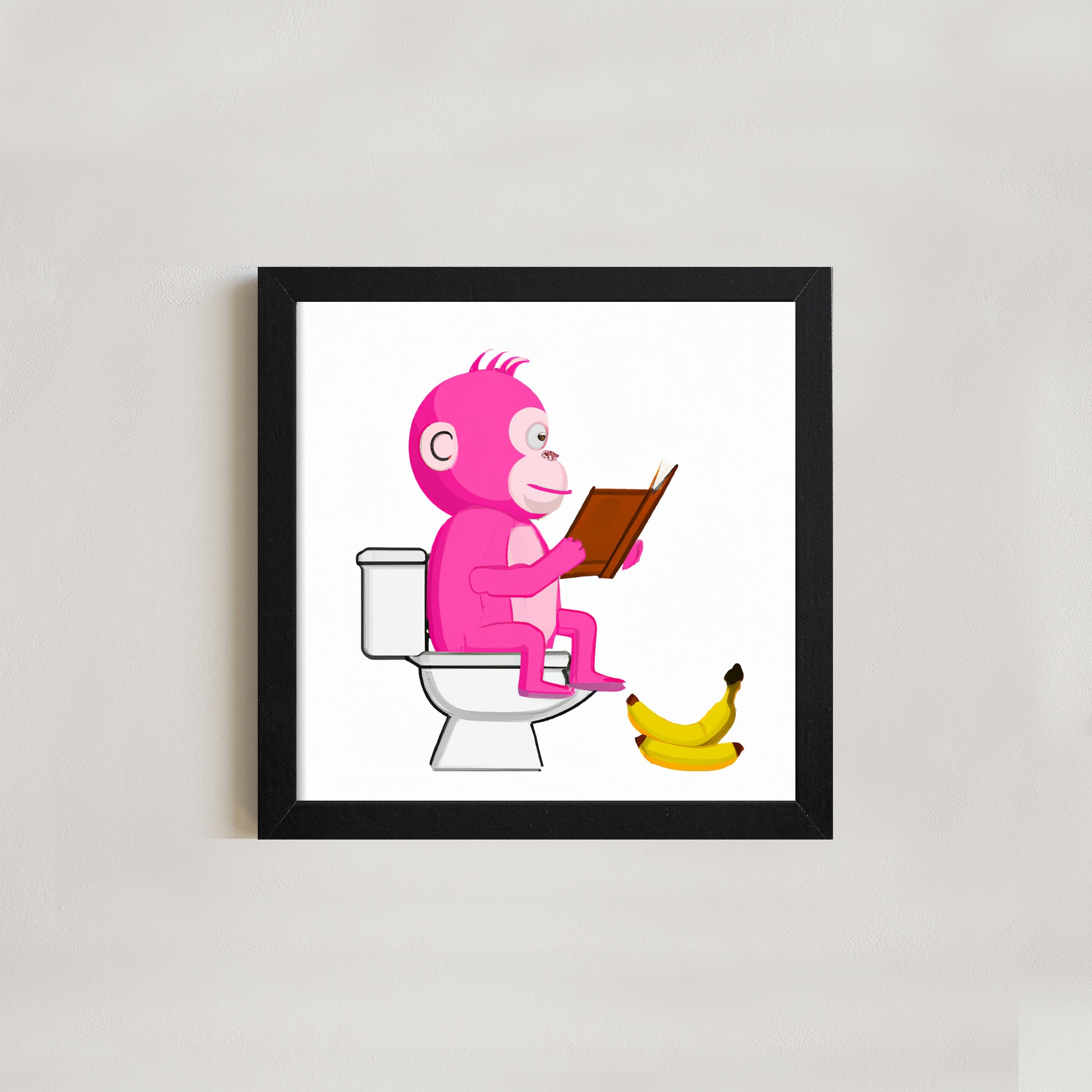 Monkey sitting on toilet reading a book framed sign - Funny Bathroom sign -