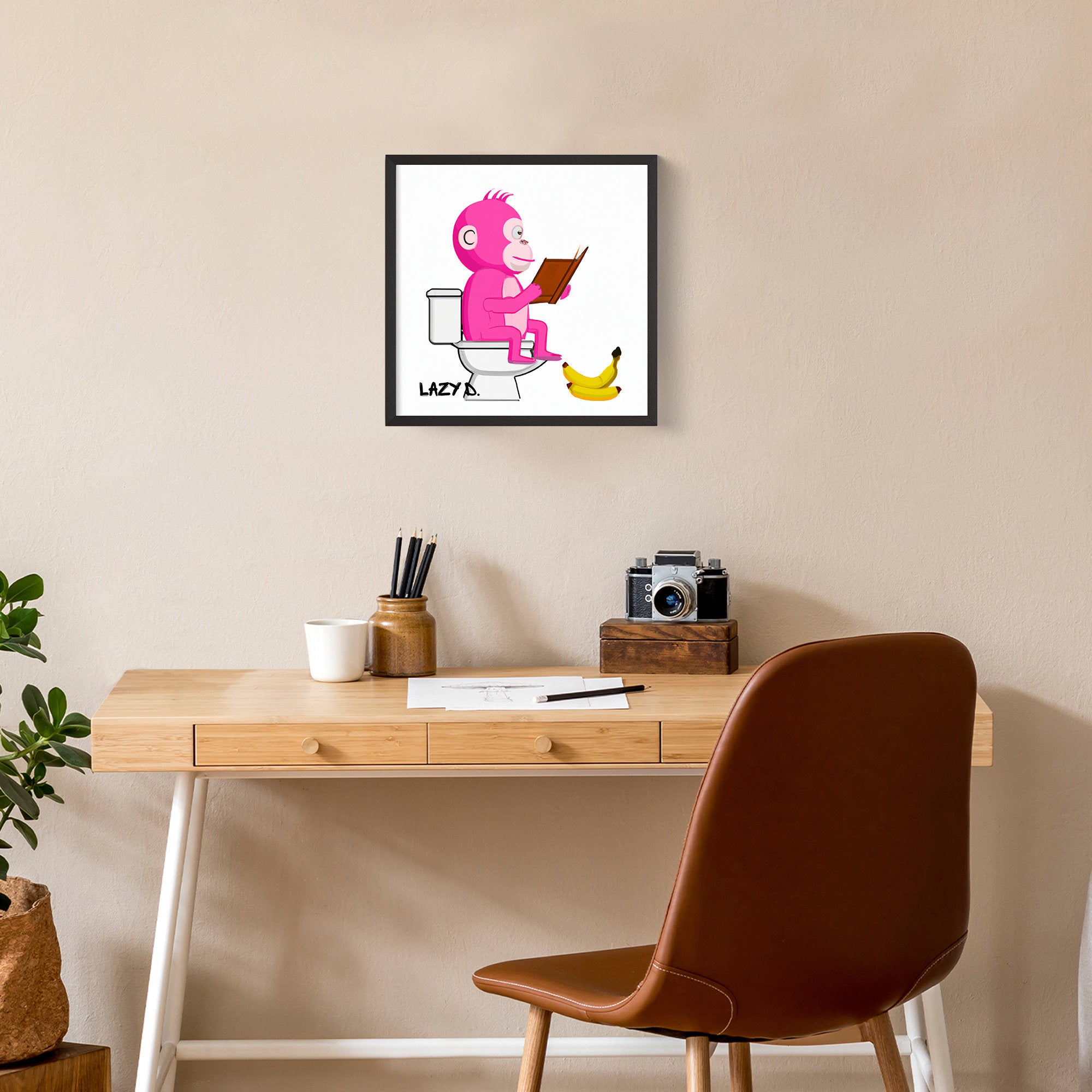 Monkey sitting on toilet reading a book framed sign - Funny Bathroom sign -