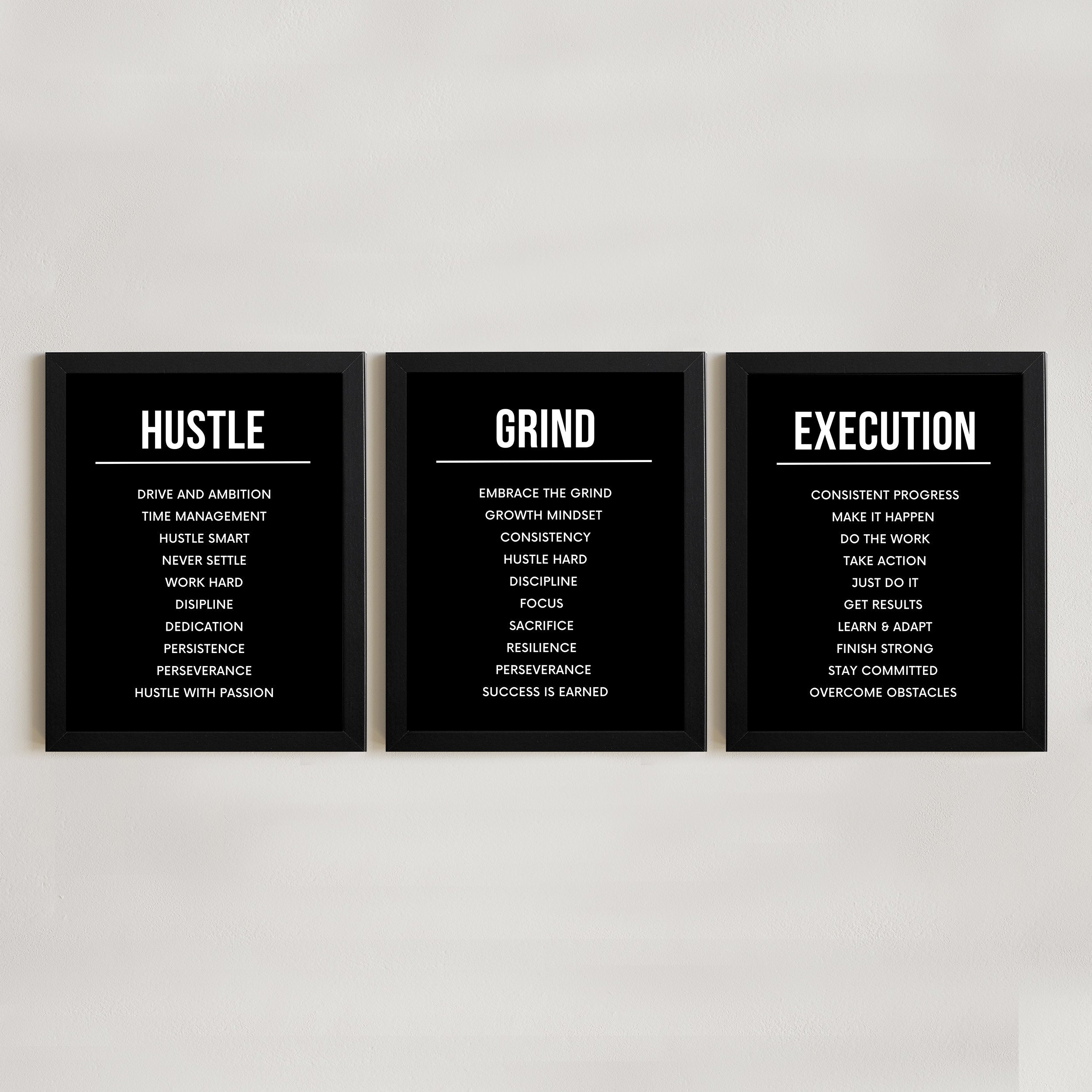 Motivational wall art - framed motivational office decor wall art - inspirational signs hustle grind execution- inspirational wall art