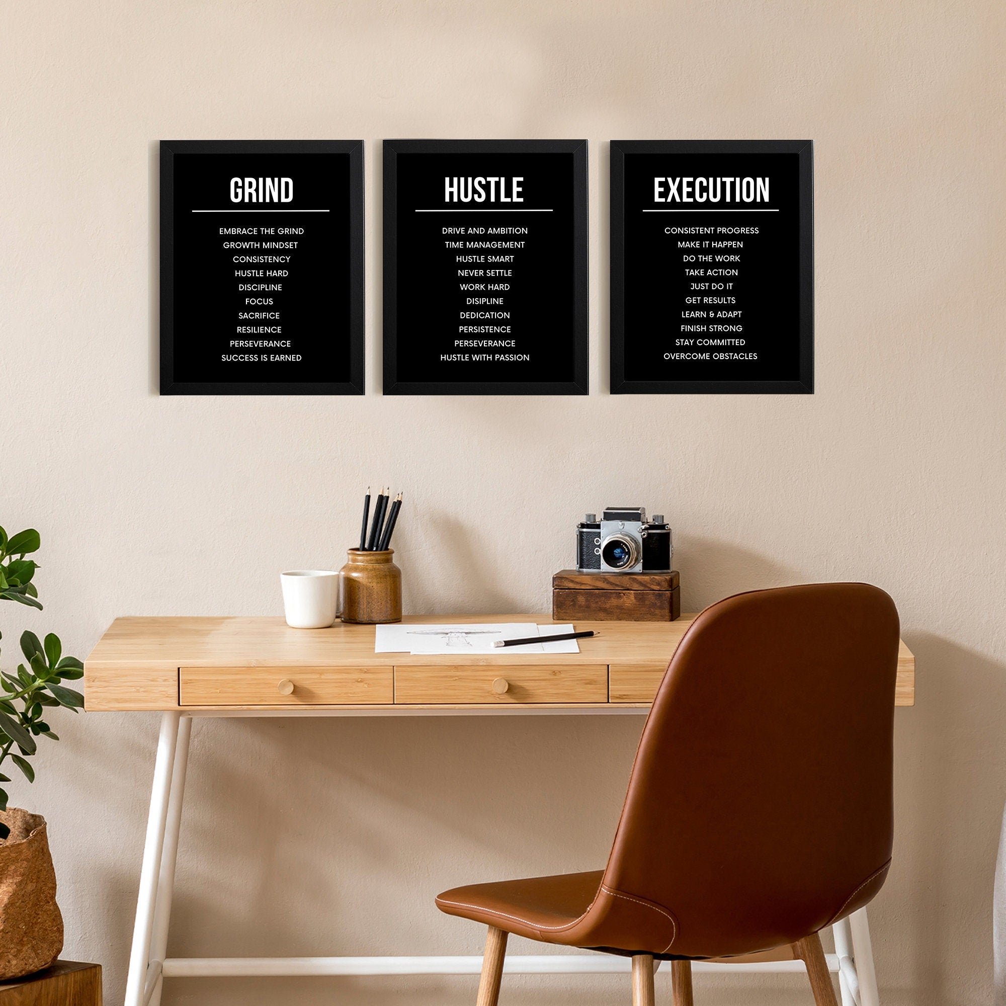 Motivational wall art - framed motivational office decor wall art - inspirational signs hustle grind execution- inspirational wall art